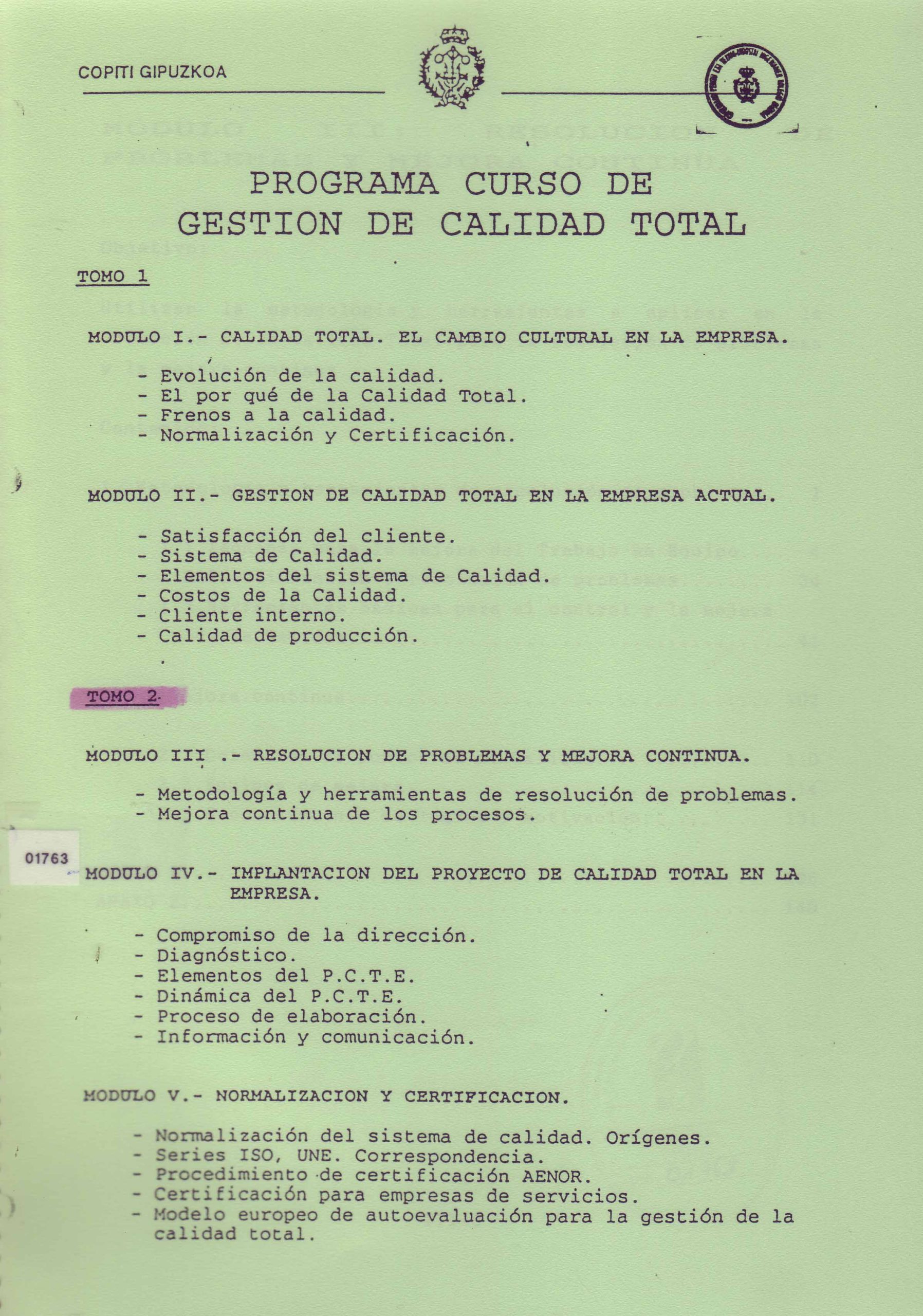 PROGRAMA CURSO DE GESTION DE CALIDAD TOTAL