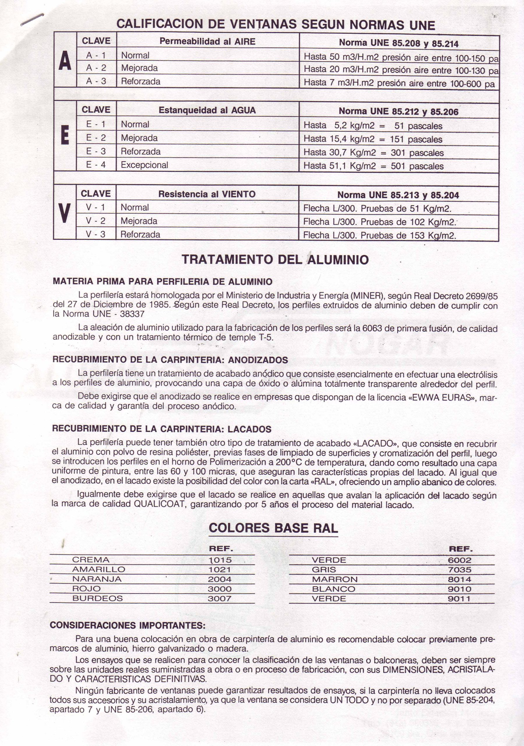 CALIFICACION DE VENTANAS SEGUN NORMAS UNE